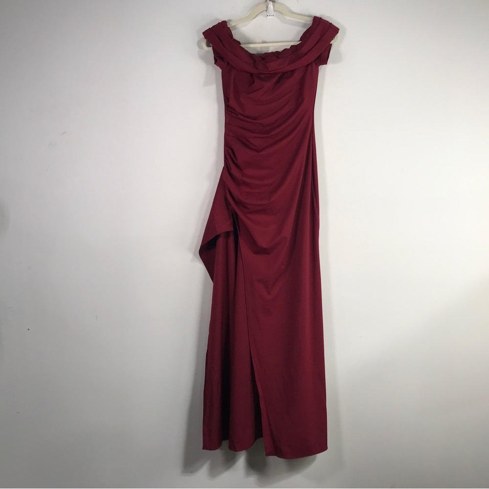 LAGSHIAN Elegant Bodycon Off Shoulder High Split Ruch Dress, Women's S -Wine Red